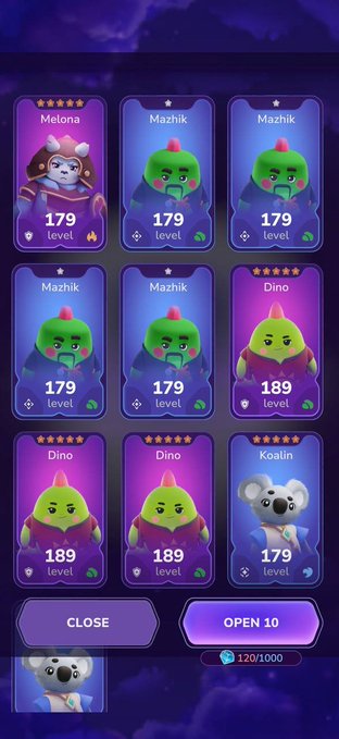 A mobile game interface showing a character collection screen with cards for Melona, Mazhik, Dino, and Kosin at level 179/189, with options to "CLOSE" or "OPEN 10."