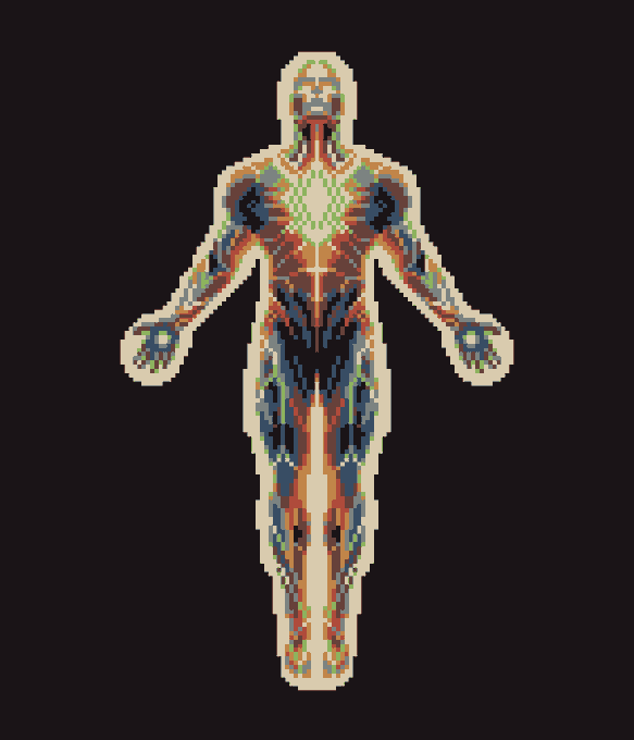 A pixel art illustration of a humanoid figure with an exposed anatomical design, featuring colorful internal structures in blue, orange, and green against a black background.