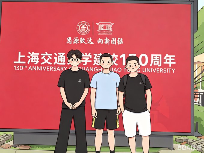 An illustrated cartoon image of three young men standing in front of a large red Shanghai Jiao Tong University banner celebrating its 130th anniversary.