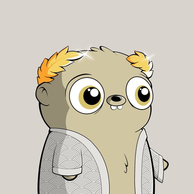 Illustration of a cute cartoon creature with large eyes, small buck teeth, orange leafy tufts on its head, and wearing a traditional patterned robe.
