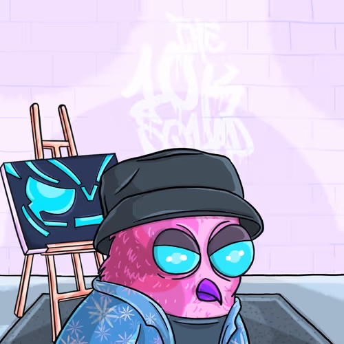 A stylized digital illustration of a character with pinkish-purple skin, blue eyes, and a black beanie, wearing a blue patterned jacket and standing next to an easel with a blue canvas in front of a wall with faded graffiti reading "THE END IS NEAR."