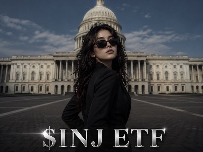 A woman in black sunglasses and a black blazer stands in front of the U.S. Capitol building, with '$INJ ETF' displayed in large text at the bottom.