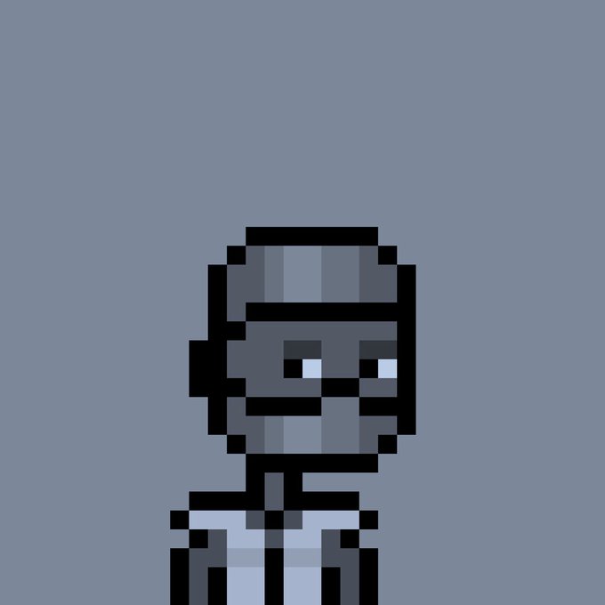 A small pixel art character with a large head wearing sunglasses and a dark outfit against a gray background.
