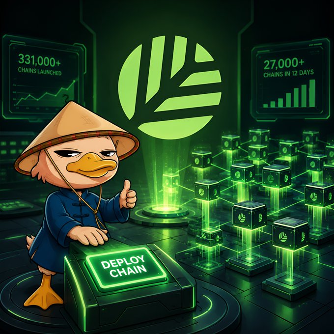 A cartoon duck in a conical hat gives a thumbs up next to a 'DEPLOY CHAIN' button, with stats showing '331,000+ CHAINS LAUNCHED' and '27,000+ CHAINS IN 12 DAYS'.