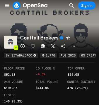 Mobile screenshot of an OpenSea NFT collection page for 'Coattail Brokers' by siyabaldacc, showing a floor price of $52.18, total volume of $744.9K, and 476 unique owners.