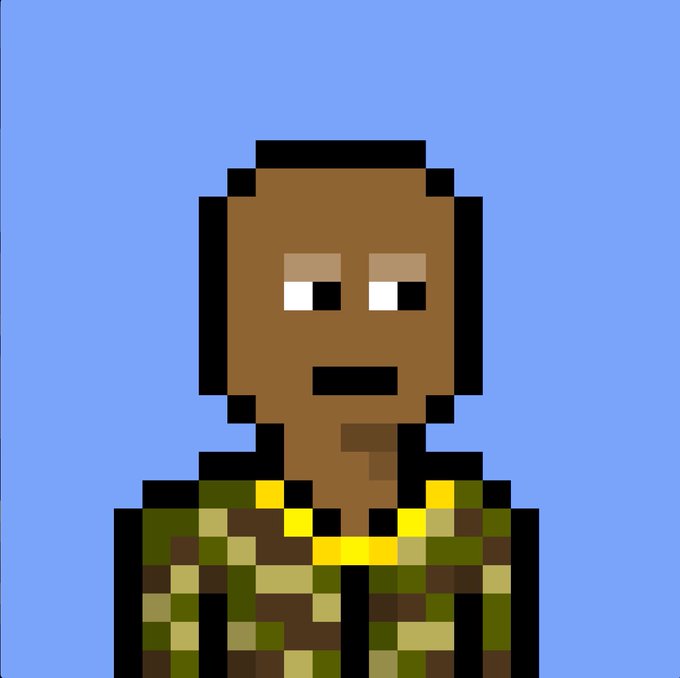 A pixel art illustration of a Black male character with short hair wearing camouflage clothing, set against a solid blue background.