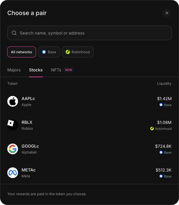 A dark-themed "Choose a pair" interface displays tokenized stocks available for trading, featuring AAPLc (Apple, $1.42M liquidity on Base), RBLX (Roblox, $1.08M on Robinhood), GOOGLc (Alphabet, $724.8K on Base), and METAc (Meta, $512.3K on Base). The image relates to the "big week ahead" post by suggesting an upcoming trading opportunity involving these newly available tokenized stock pairs on Base and Robinhood networks.