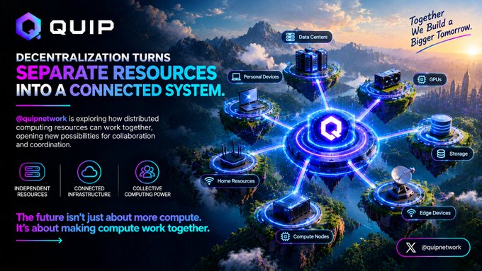A promotional graphic for 'QUIP' features a futuristic landscape with floating islands connected by glowing lines, showcasing text about decentralization and 'quipnetwork' on X.