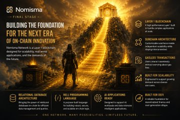 A gold and black promotional graphic for 'Nomisma FINAL STAGE — BUILDING THE FOUNDATION FOR THE NEXT ERA OF ON-CHAIN INNOVATION,' highlighting features like Laser Blockchain, Sunchain Architecture, Gasless Transactions, Built for Scalability, Relational Database (RDBMS), BELL Programming, AI Applications, and Built for DeFi.