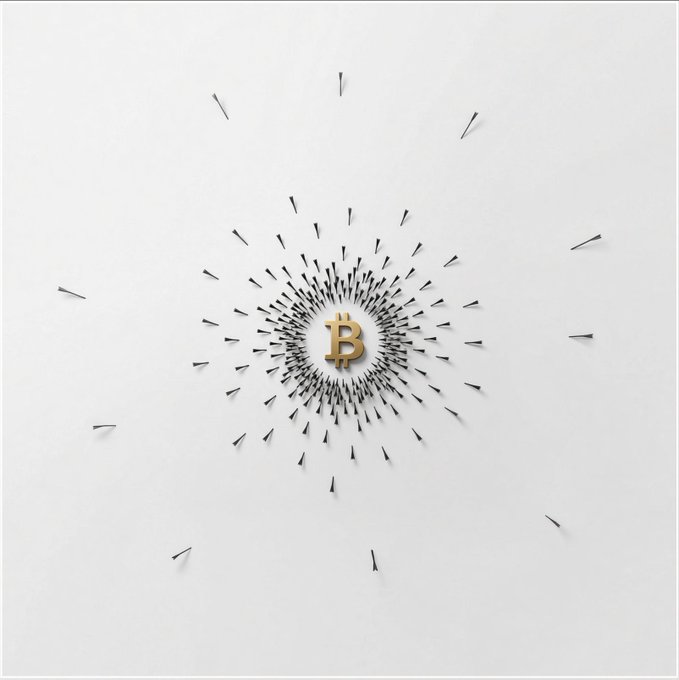 A minimalist artistic image featuring a gold Bitcoin symbol surrounded by a spiral of small dark objects on a white background.