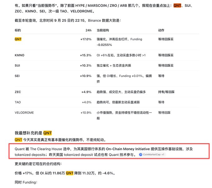 A Chinese cryptocurrency analysis screenshot displays a table of trending tokens including QNT, KMNO, SUI, and SEI, with a red box highlighting news about QNT's involvement in the US banking system and tokenized deposits.