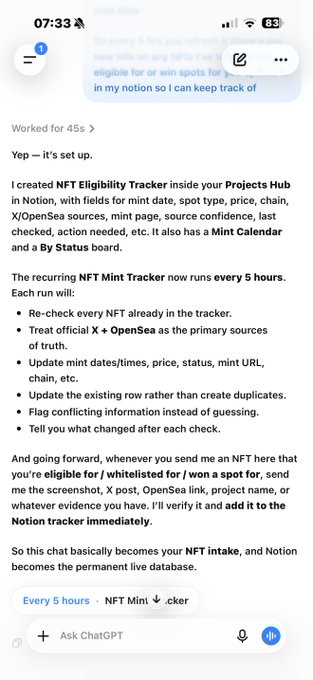 ChatGPT interface screenshot explaining an automated 'NFT Eligibility Tracker' set up in Notion with fields for mint date, spot type, price, chain, X/OpenSea sources, and a 5-hour recurring run.