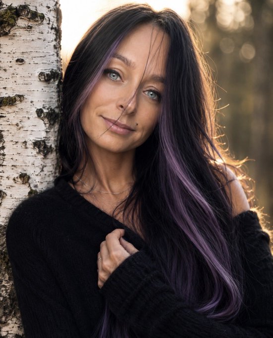 A portrait of a woman with long dark hair featuring purple highlights, wearing a black sweater and standing against a birch tree.