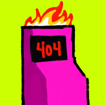 A hand-drawn illustration of a pink arcade cabinet on fire displays "404" in red text on its screen. The image humorously relates to the NFT collecting post by suggesting the arcade/gaming experience has crashed into error territory, implying either frustration with broken NFTs or poking fun at the collecting process going up in flames.