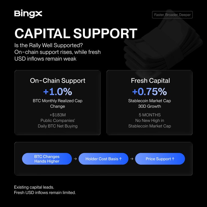 The image, titled "CAPITAL SUPPORT" by Bingx, highlights that while BTC's on-chain support is rising (+1.0% BTC Monthly Realized Cap Change, +$183M in Public Companies' Daily BTC Net Buying), fresh USD inflows remain weak, with stablecoin market cap up only +0.75% over 30 days and no new high in 5 months—suggesting that the BTC rally is primarily sustained by existing capital rather than new money, echoing the post's concern that the macro backdrop (PMI, oil, yields, Fed expectations) is pressuring price despite the underlying structural support.