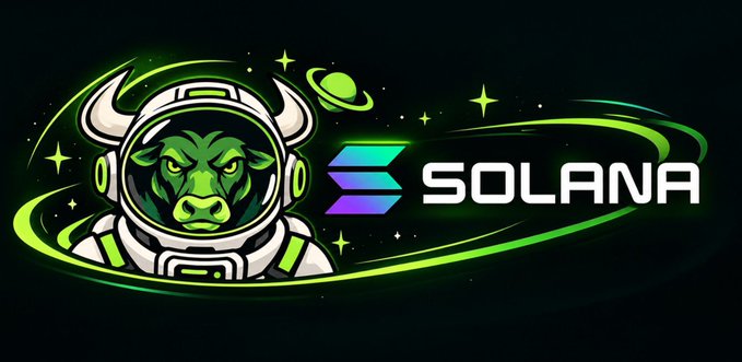 A digital logo featuring a green bull wearing a white astronaut helmet, set against a space-themed background with the Solana logo and text displayed prominently.