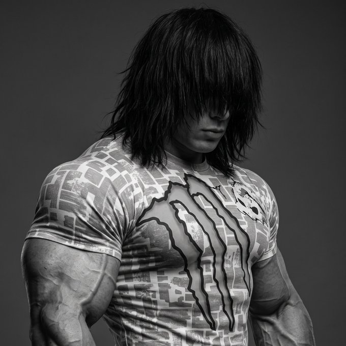 A muscular figure in black and white, wearing a tight "claw mark" graphic tee, stands with head bowed beneath long hair covering the eyes — visually echoing the post's theme of a fierce new contender ($DRMR) replacing the fading champion ($GIGA).