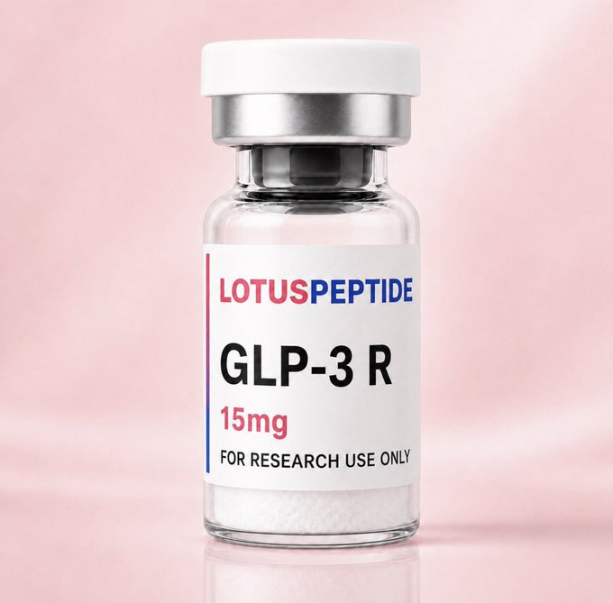 A glass vial labeled "LOTUSPEPTIDE GLP-3 R 15mg FOR RESEARCH USE ONLY" sits against a pink background, corresponding to the post's $265 15mg offering from Lotus Peptide, a Telegram-based research peptide vendor.