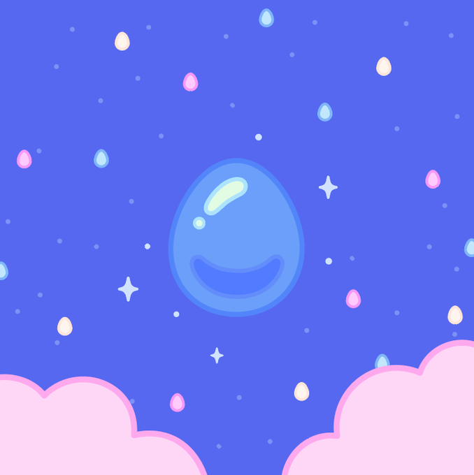 A whimsical cartoon illustration featuring a smiling translucent blue droplet character floating among pastel-colored raindrops and sparkles against a blue sky with pink clouds at the bottom.