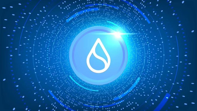 The image features a blue circle with a white "S" inside of it, surrounded by small dots or lines that create an abstract pattern around it. The background appears to be a gradient of blue and purple colors, which could represent water droplets or other elements related to the concept of water. The post is titled "SUI OPENS CONFIDENTIAL TRANSFERS FOR PUBLIC TESTING" and provides information about the nature of the transfers being made. It also mentions that the balances and amounts remain private and are compliant with regulations, ensuring transparency and security in the transactions.