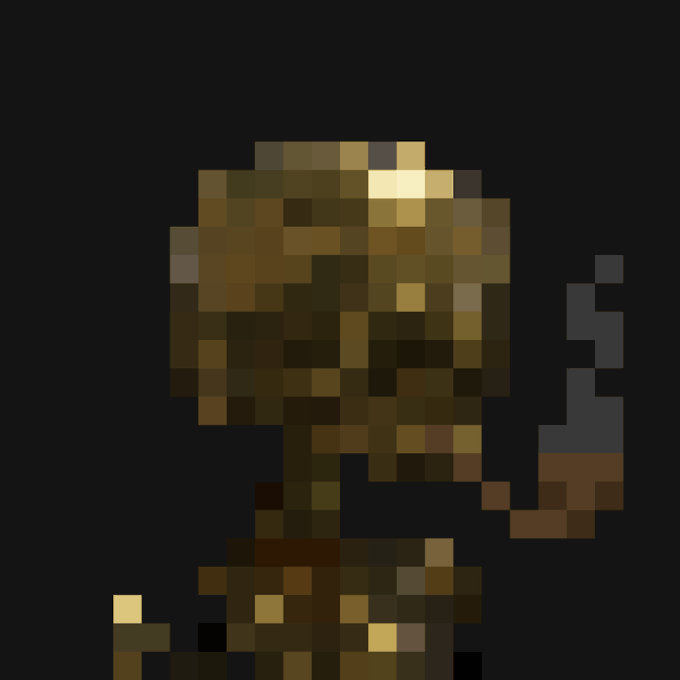 A highly pixelated, low-resolution close-up portrait of a person's face with blonde hair, mostly obscured by large brown and tan blocks of color against a black background.