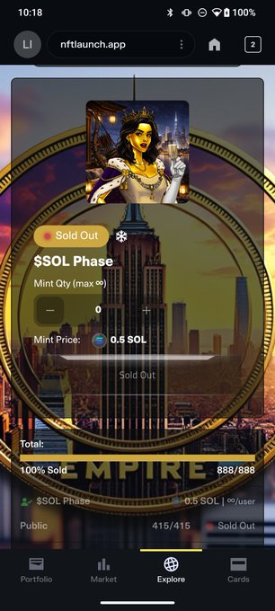Mobile screenshot from nftlaunch.app showing a 'Sold Out' NFT mint page titled '$SOL Phase' with a 100% Sold status and 888/888 minted at 0.5 SOL per user.