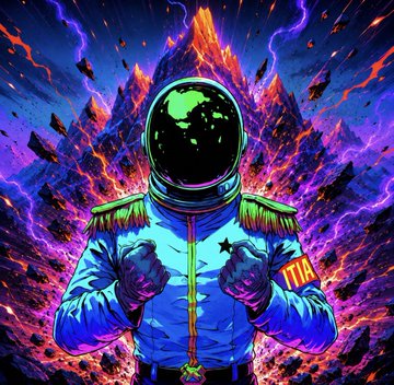 A vibrant digital illustration of an astronaut in a blue suit with a green-visored helmet, clutching a medal, set against a cosmic backdrop of mountains, lightning, and floating rocks.