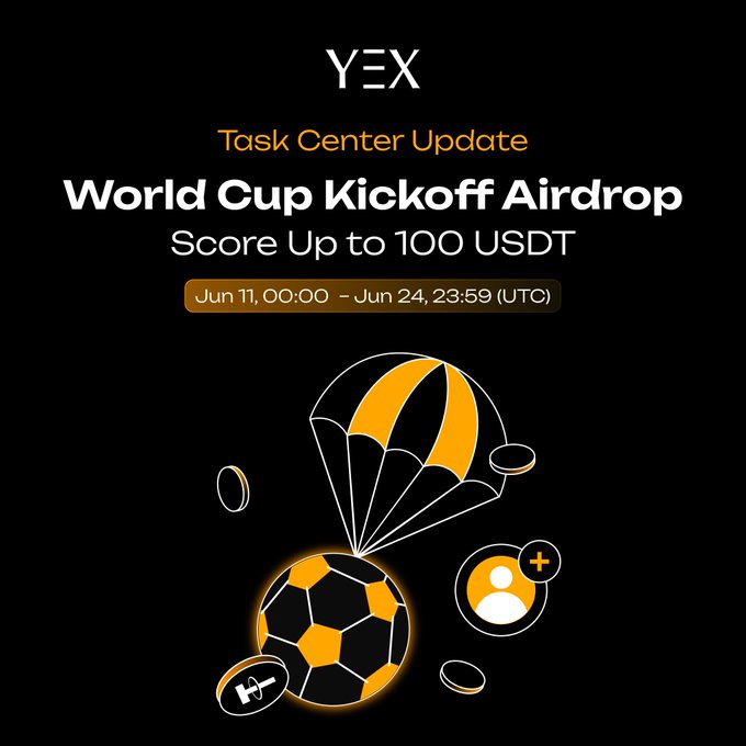 The image features a poster for a World Cup Prediction Challenge, where participants are required to predict the outcome of the World Cup Kickoff Airdrop event. The challenge offers a 100 USDT bonus for the winner. The poster includes an illustration of a soccer ball with a parachute on it and a black and yellow soccer ball. The text in the image reads "Task Center Update" followed by "World Cup Kickoff Airdrop Score Up To 100 USDT".
