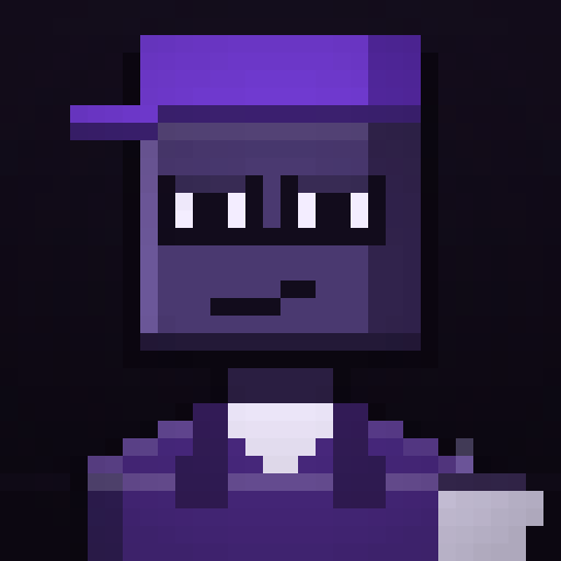 A pixel art portrait of a dark purple character with a purple cap and a neutral, slightly grumpy expression.