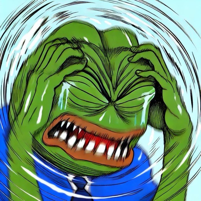 An illustration of a green Pepe the Frog meme character with hands clutching its head, gritted teeth, and crying, depicted in a strained, distressed manner.