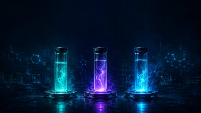 Three glowing cylindrical vials filled with swirling teal, purple, and blue liquids, set against a dark, futuristic background featuring molecular structures and digital grid patterns.