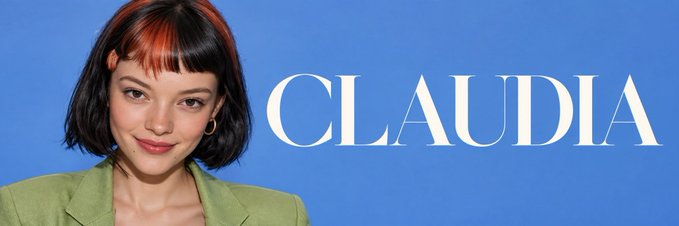 A promotional banner featuring a woman with a short black bob and orange-tinted bangs against a blue background, with the name "CLAUDIA" displayed in large white serif text beside her, matching the teaser about the $CLAUDIA agent whose launch is being teased.