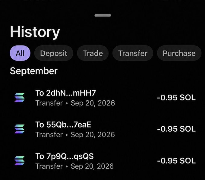 A cryptocurrency transaction history screen showing three transfers of -0.95 SOL each dated Sep 20, 2026, with filter options for All, Deposit, Trade, Transfer, and Purchase.