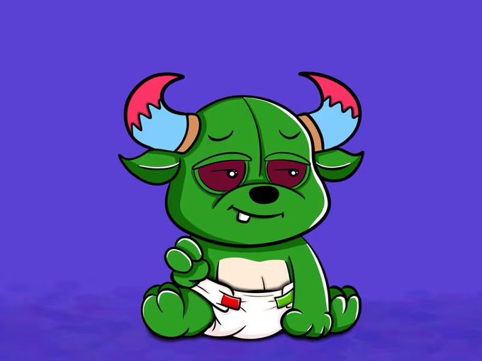 A cartoon illustration of a green baby monster character with blue and pink horns, droopy red eyes, and a diaper, sitting against a purple background.