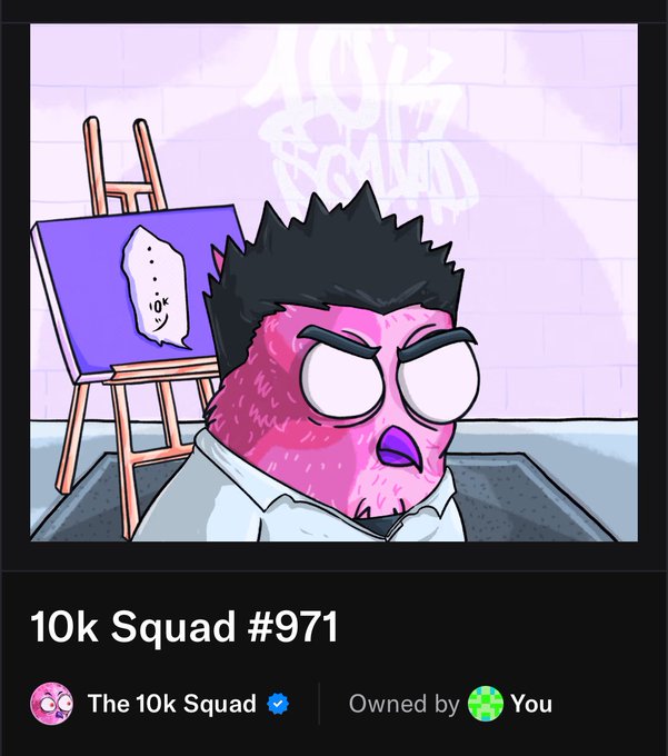 An NFT display shows a cartoon character with pink skin and spiky hair labeled '10k Squad #971', owned by the user.