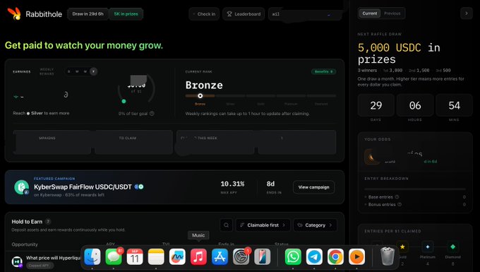 A screenshot of the Rabbithole web application dashboard showing a 'Bronze' rank user with 0% earnings, alongside a featured campaign for 'KyberSwap FairFlow USDC/USDT' on Kyberswap.