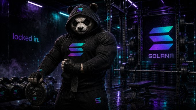 A promotional image featuring a muscular panda character in a hoodie lifting a 'Solana 50' dumbbell in a gym setting, with 'SOLANA' logo and 'locked in.' text visible.