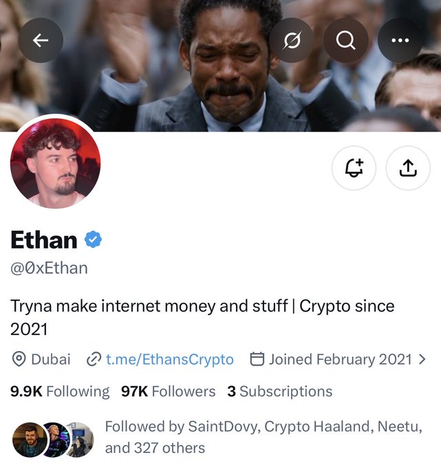A Twitter/X profile for 'Ethan' (@0xEthan), described as 'Tryna make internet money and stuff | Crypto since 2021', located in Dubai, with 97K followers.