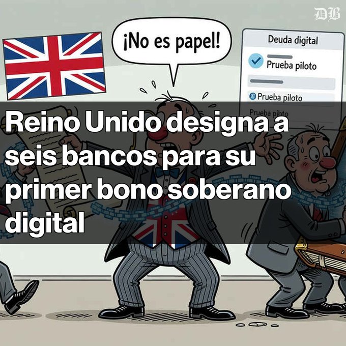 A Spanish-language news graphic from The Wall Street Journal with a cartoon illustration showing the UK Union Jack and Uncle Sam figure saying '¡No es papel!', announcing that the UK is designating six banks for its first digital sovereign bond.