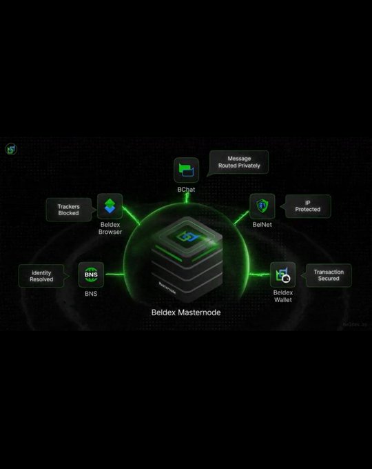 Infographic of the Beldex ecosystem showing the Beldex Masternode connected to BChat, BelNet, Beldex Wallet, BNS, and Beldex Browser, with features like 'IP Protected' and 'Trackers Blocked'.
