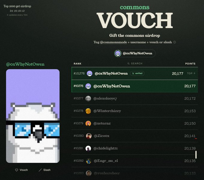 A screenshot of a 'commons VOUCH' webpage showing a leaderboard where '@oxWhyNotOwen' holds ranks #10276 and #10277 with 20,177 points, alongside a pixelated owl profile picture.