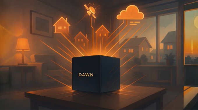 A glowing black cube labeled "DAWN" sits on a table, emanating orange beams that project holographic icons of houses, a satellite, and a cloud—symbolizing decentralized broadband infrastructure connecting homes and users. The image visually reinforces the post's message about DAWN Internet's progress in building a user-owned wireless network, with the houses representing connected households and the satellite and cloud icons representing the distributed network architecture.