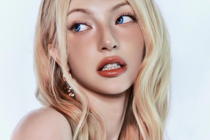 A close-up portrait of a blonde model with blue eyes, freckles, and orange-red glossy lipstick looking upward.