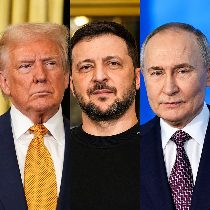 The image shows side-by-side portraits of Donald Trump, Volodymyr Zelensky, and Vladimir Putin. The split-screen composition directly illustrates the proposed three-party diplomatic dynamic referenced in the post, where U.S. efforts to unfreeze Russian assets would be aimed at securing Putin's agreement to a ceasefire, with implications for Ukraine's ongoing conflict.