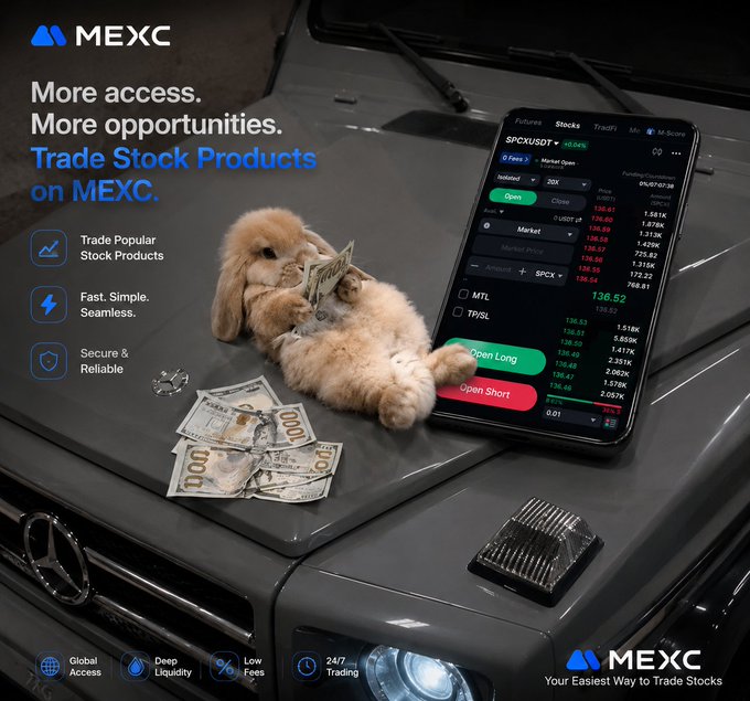 A MEXC promotional banner features a fluffy brown rabbit lying next to a phone displaying the trading app, surrounded by hundred-dollar bills on a car hood. The text reads "More access. More opportunities. Trade Stock Products on MEXC" with the ticker "SPCXUSDt".