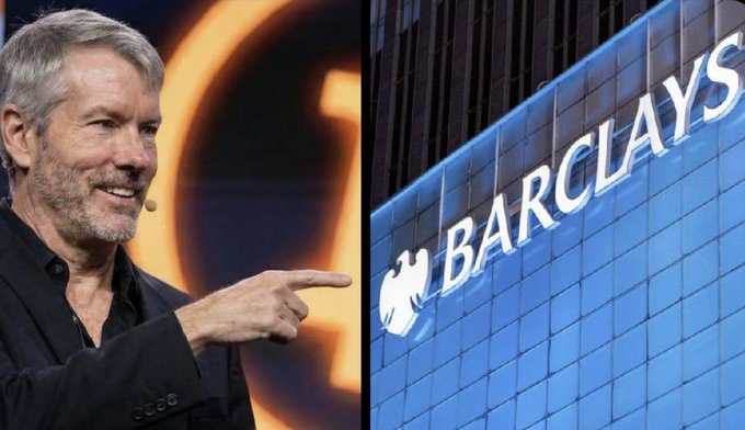 A split image showing a man pointing on the left and the Barclays logo on the right. The Barclays logo relates to the news that Barclays has initiated coverage on $MSTR with a Buy/Overweight rating and $130 price target.
