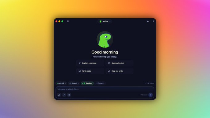 A dark-themed Writer app interface displays 'Good morning' with a green dinosaur mascot, offering options like Explain a concept, Summarize text, Write code, and Help me write.