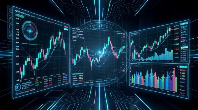 A futuristic digital display shows multiple cryptocurrency and financial trading charts with candlestick patterns, moving averages, and technical indicators glowing in neon blue against a dark circuit-board background. The image visually reinforces the post's theme of strategic financial investment, symbolizing SBI's bold 270 million USD move to acquire 20% of Indonesian Ajaib and push yen-backed stablecoins into Southeast Asia's financial core.