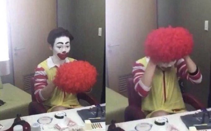 A two-panel image of a person dressed in a yellow and white striped Ronald McDonald-style outfit, applying whiteface clown makeup and putting on a bright red wig.