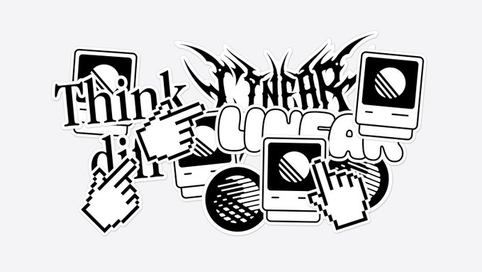 A black and white graffiti-style sticker design featuring retro computer monitors, pixelated cursor hands, and stylized text reading 'Think different Cyber' in a chaotic arrangement.
